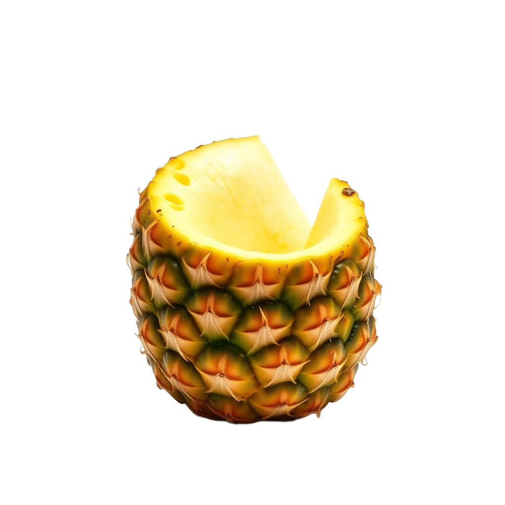 Ripe pineapple with a freshly cut golden wedge