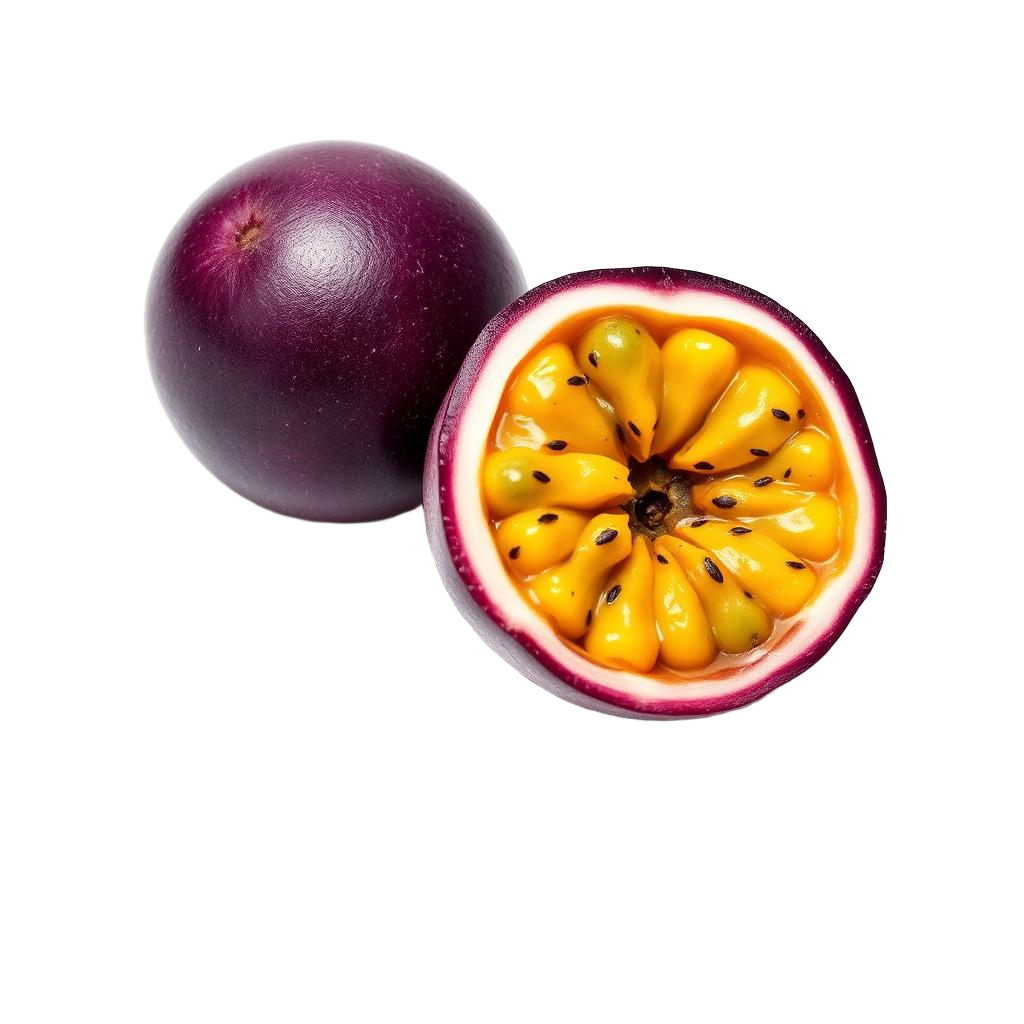 Whole and cut-open passion fruit with golden pulp and seeds