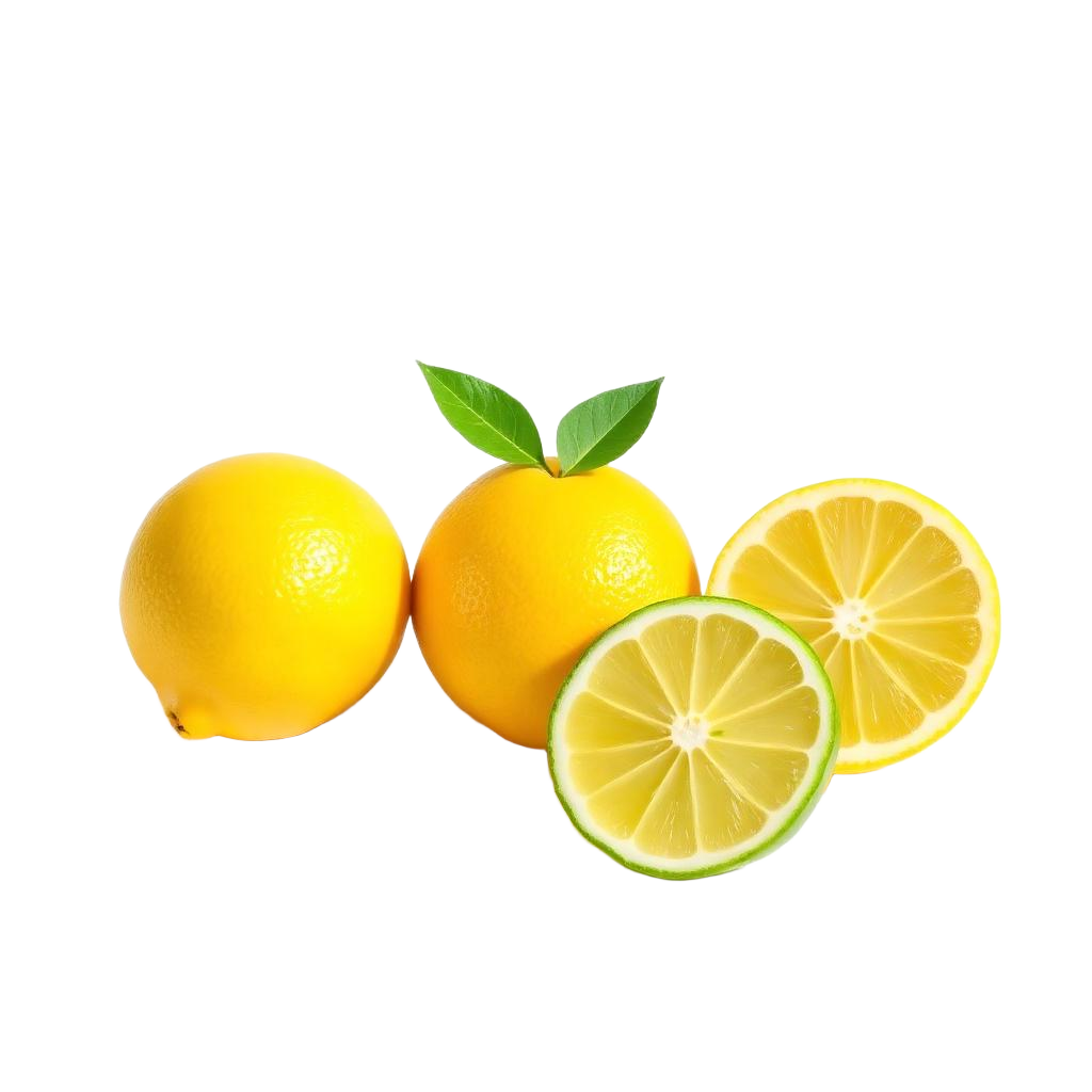 Fresh whole and cut lemons with a lime slice